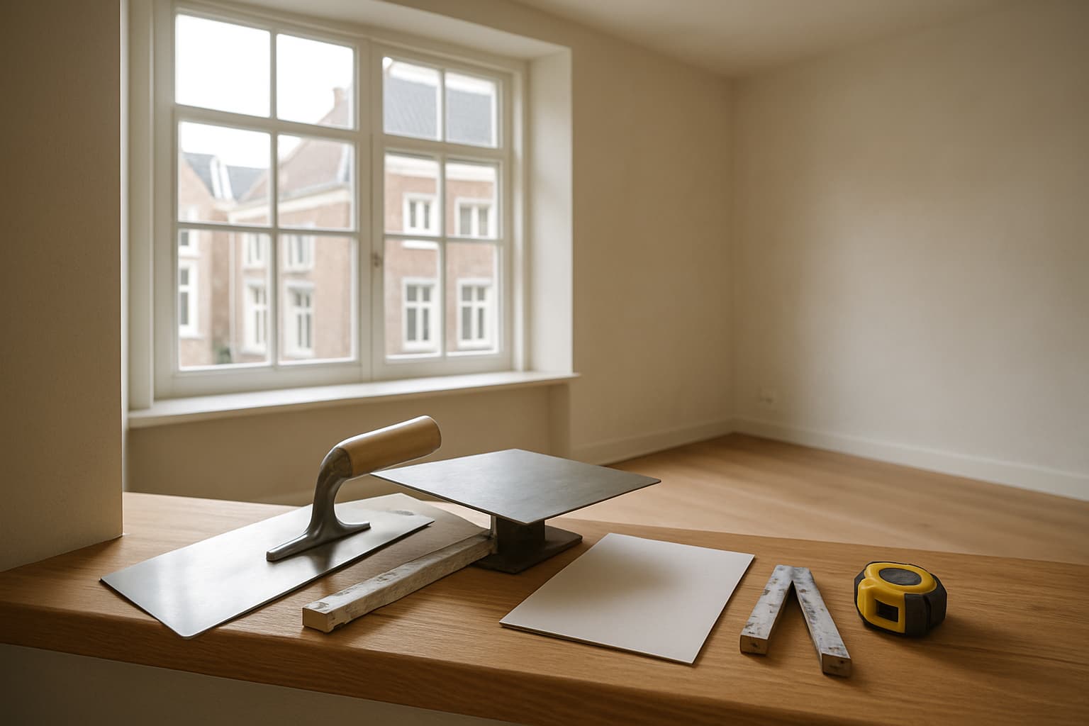 Lichte, lege woonkamer met glad gestucte wanden; op de vensterbank liggen een stucspaan, duimstok en een blanco document in daglicht.