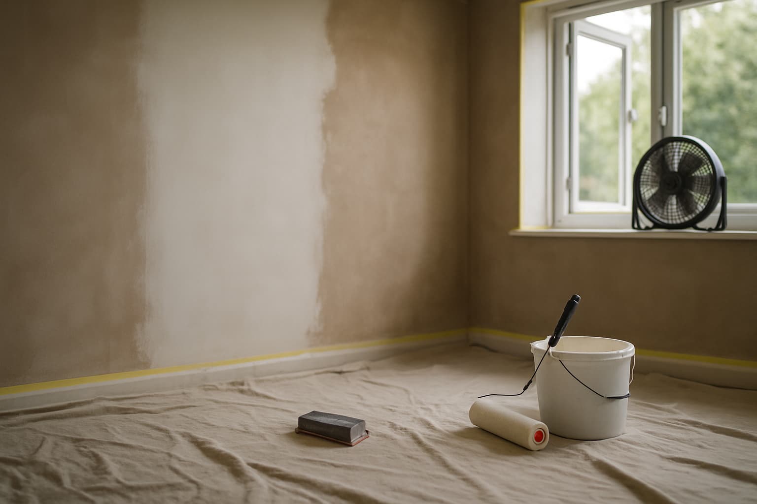 Leegstaande kamer met wand die wordt voorbereid voor stucwerk: voorstrijkmiddel, afplaktape, stofdoeken en gereedschap bij een open raam met daglicht