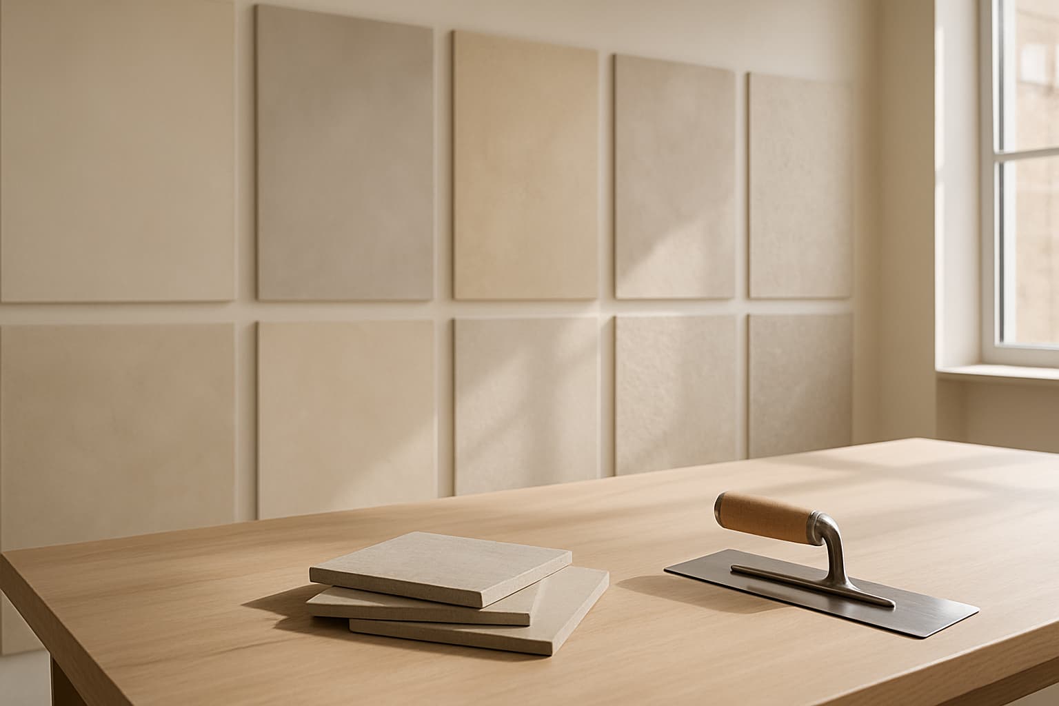 Stucshowroom met grote wandpanelen in verschillende stucafwerkingen, van glad polished stucco tot grovere kalkstructuur, met materiaalstalen en een spaan op een houten tafel in daglicht.