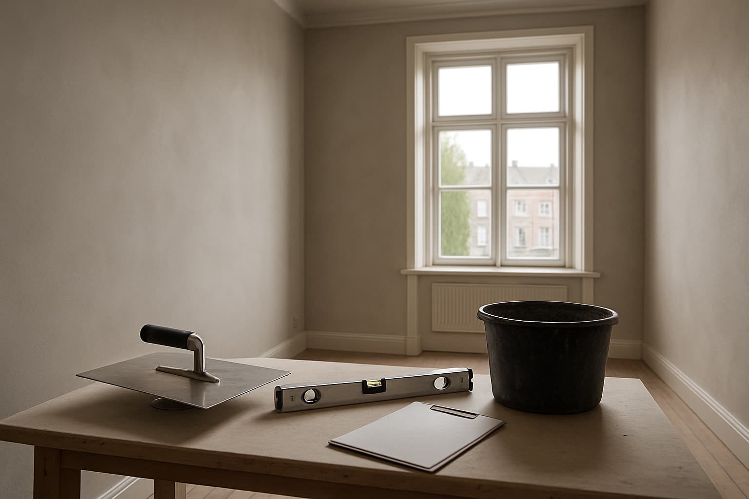 Lichte, lege kamer met glad gestuukte grijze wanden en daglicht, met op de voorgrond een werkbank met stukadoorsgereedschap zoals een spaan, waterpas en mengemmer.
