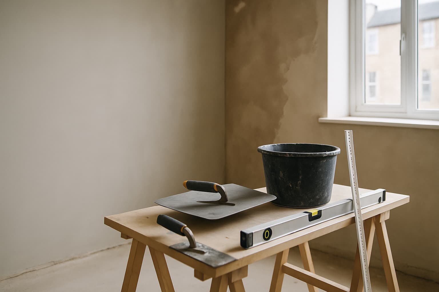 Lichte lege ruimte met een pas gestuukte wand en stukadoorsgereedschap zoals troffel, spaan en waterpas op een werktafel bij daglicht