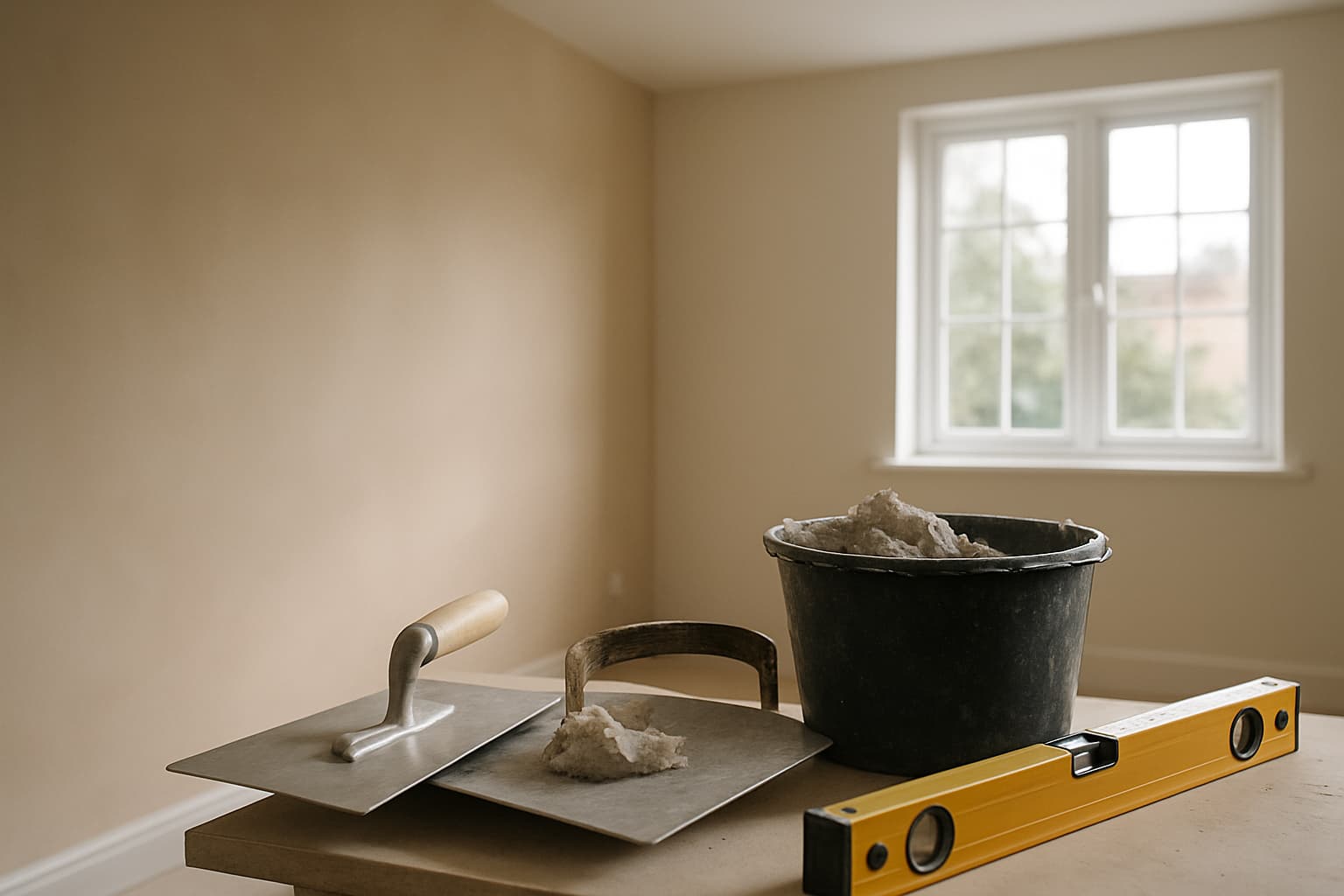Lichte, lege ruimte met een glad gestucte wand en stukadoorsgereedschap zoals een spaan, plakspaan en emmer met stucmortel bij het raam