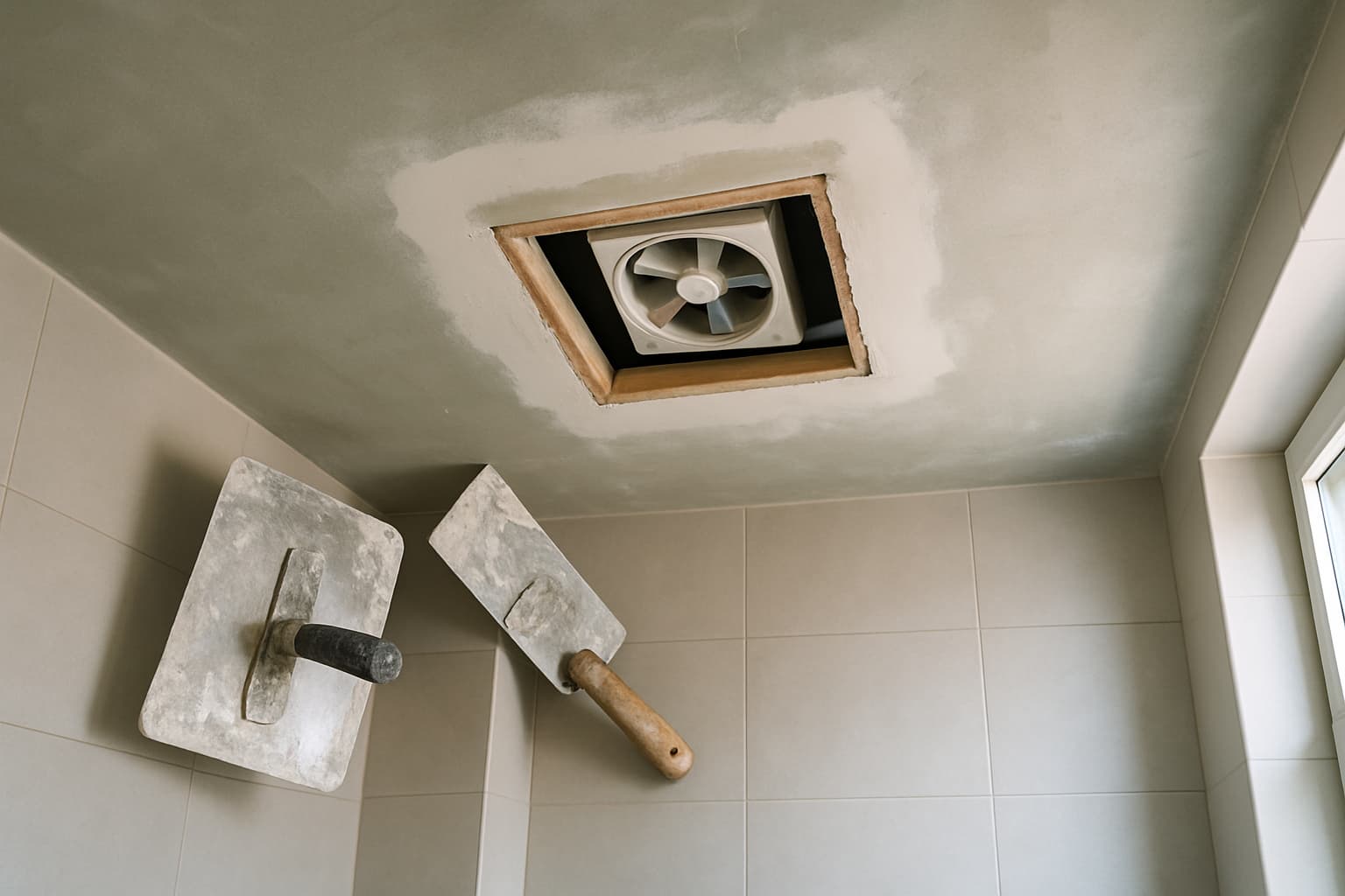 Badkamerplafond met een ingebouwde afzuiging, vochtvaste plaat en stucgereedschap tijdens renovatie.
