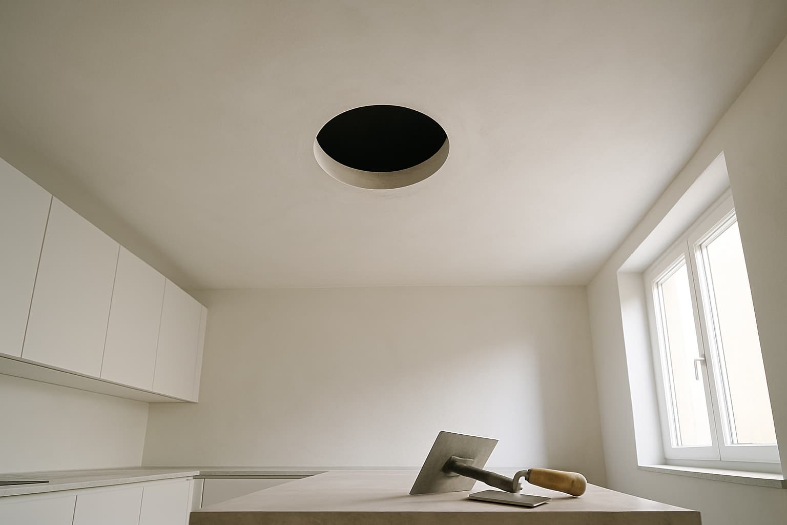 Strak gestuukt plafond met een ronde sparing voorbereid voor een inbouw afzuigkap, met stucgereedschap in de buurt