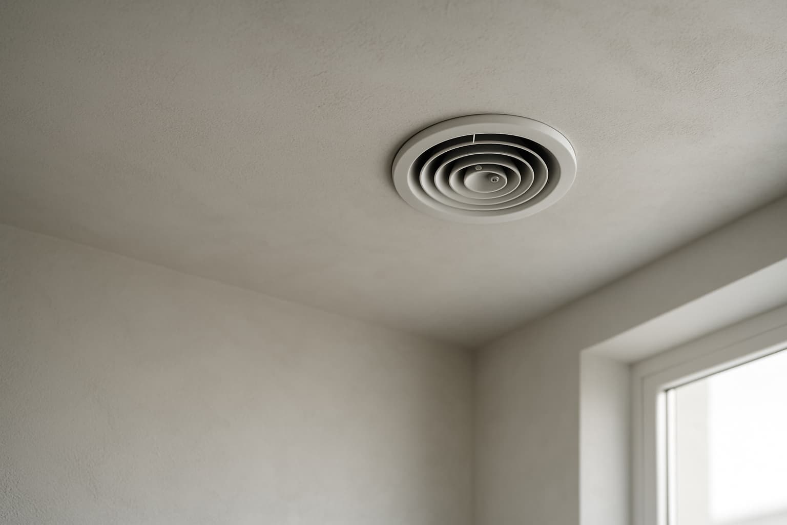 Gestuct plafond met een ronde ventilatierooster, zacht daglicht benadrukt de gladde pleisterstructuur rondom de plafondventilator.