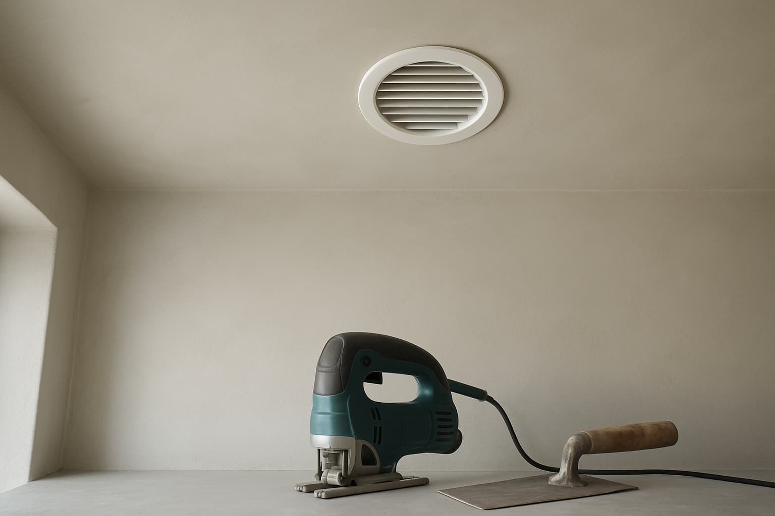 Close-up van een net afgewerkt plafond met een geplaatst ventilatierooster en stucwerk gereedschap ernaast