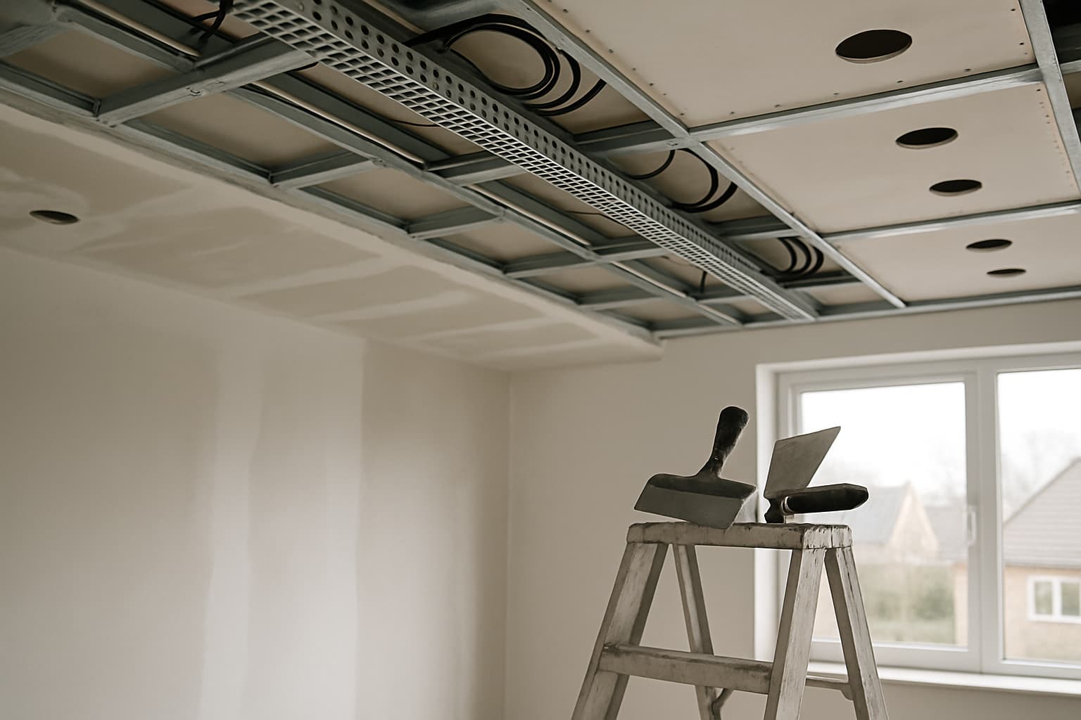 Onafgewerkt verlaagd plafond met kabelgoot en doorvoeren voor inbouwspots, naast gladgeplamuurde naden en stucgereedschap in een leeg vertrek met daglicht.