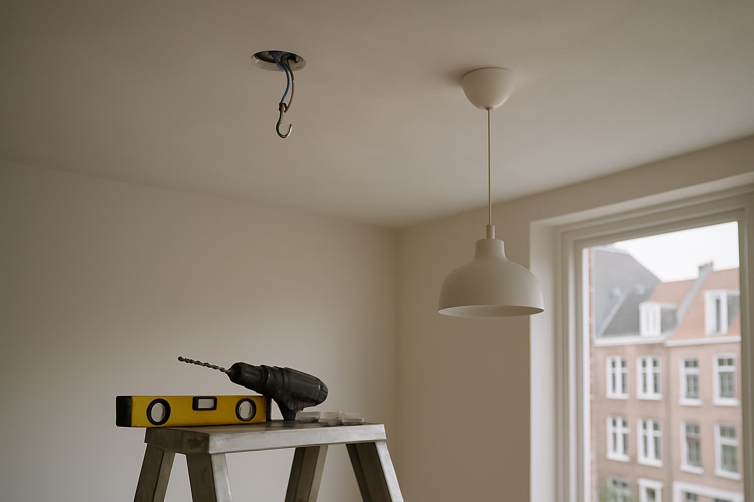 Gestuct wit plafond met aansluitpunt en montagehaak voor een hanglamp, met trapladder, boor en pluggen in daglicht