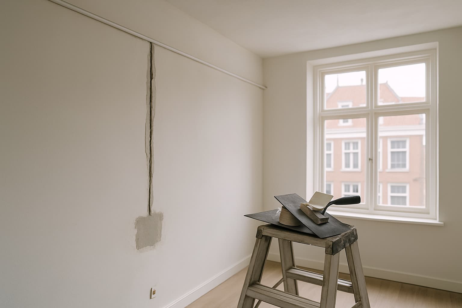 Lichte ruimte in verbouwing met gestuct plafond, een ingehakte sleuf met kabel in de wand en een dunne witte kabelgoot langs de plafondrand, met stucgereedschap op een trapje