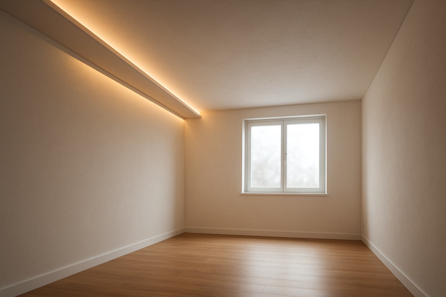 Gestuct wit plafond met een verzonken lichtlijn waarin een ledstrip warm indirect licht langs de wand laat schijnen, in een lege moderne ruimte met daglicht.