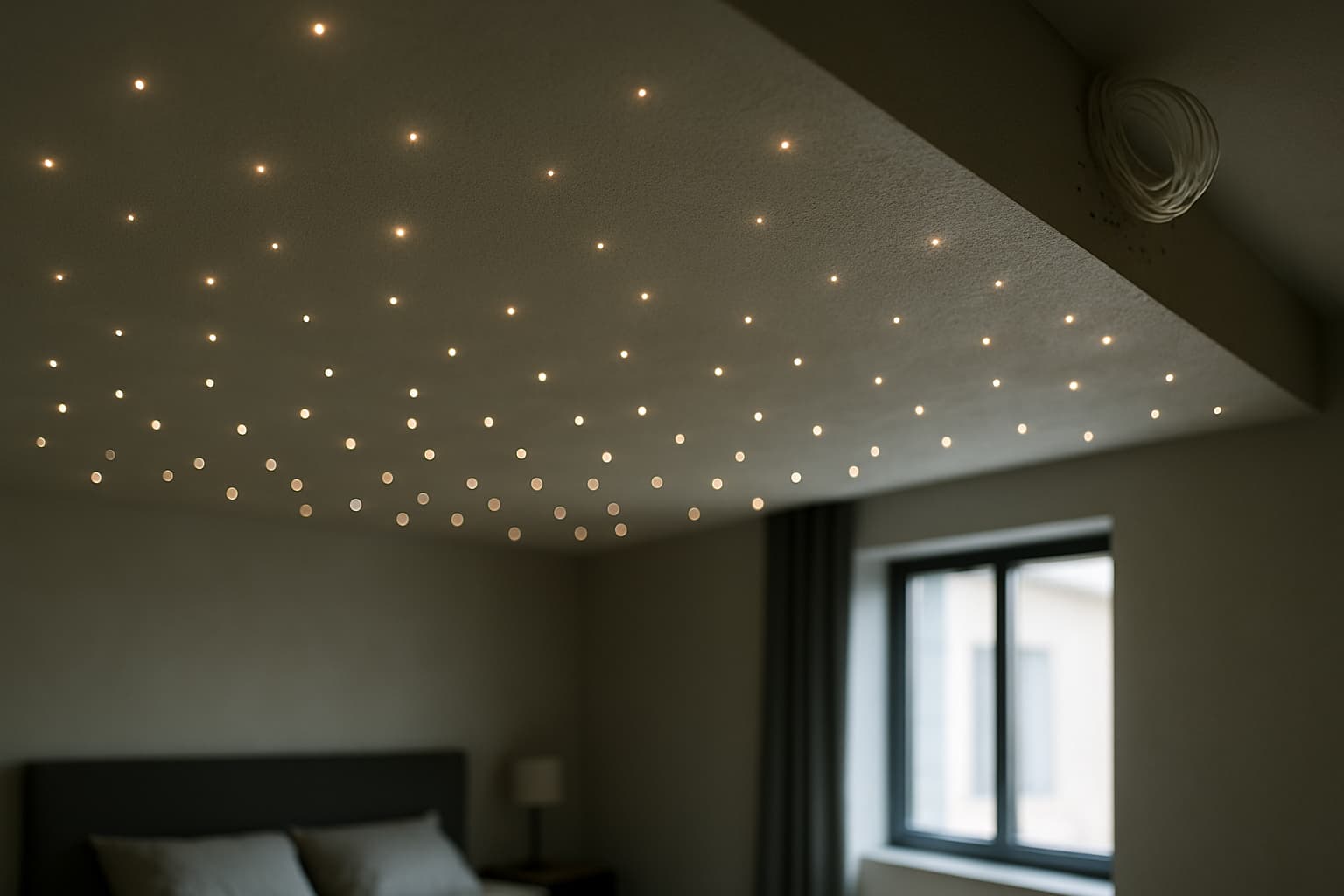 Glad gestuukt slaapkamerplafond met kleine lichtpuntjes van glasvezels als sterrenhemel, met zichtbare gaatjes en glasvezelbundel aan de plafondrand.