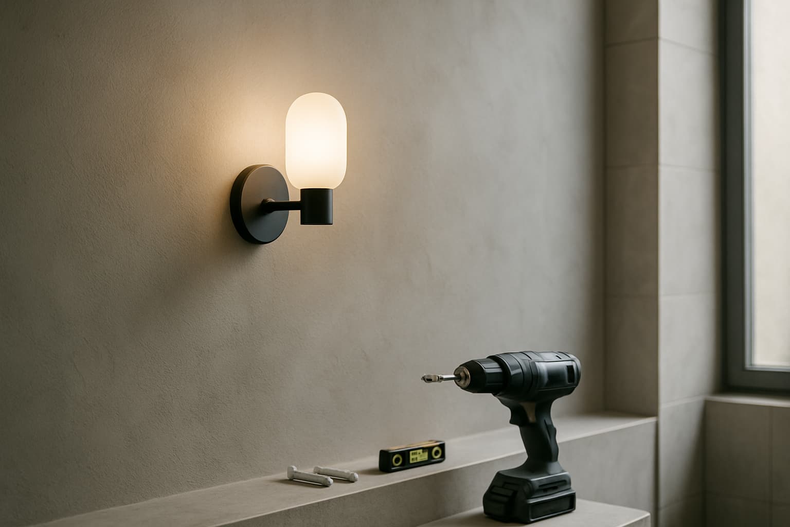 Detailopname van een gladde gestucte wand met een eenvoudige wandlamp, daglicht dat de stuctextuur zichtbaar maakt, en gereedschap zoals boormachine, pluggen en waterpas op een richel.