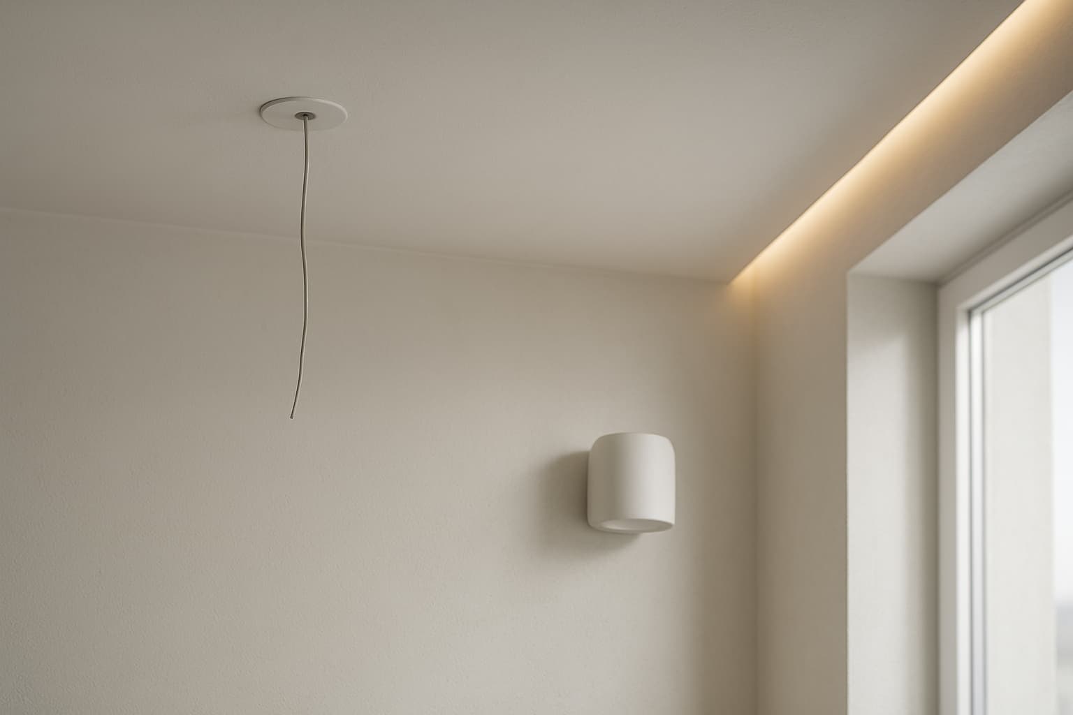 Gladde gestucte wand en plafond met een gemonteerde wandlamp, een kabeldoorvoer voor een hanglamp en een ledstrip in de plafondrand, in zacht daglicht.