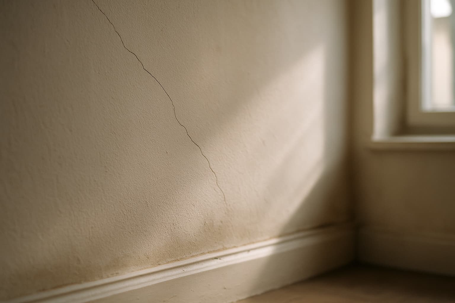 Close-up van een gestuukte binnenmuur met een fijne diagonale haarscheur en lichte vochtvlek bij de plint, in zacht daglicht