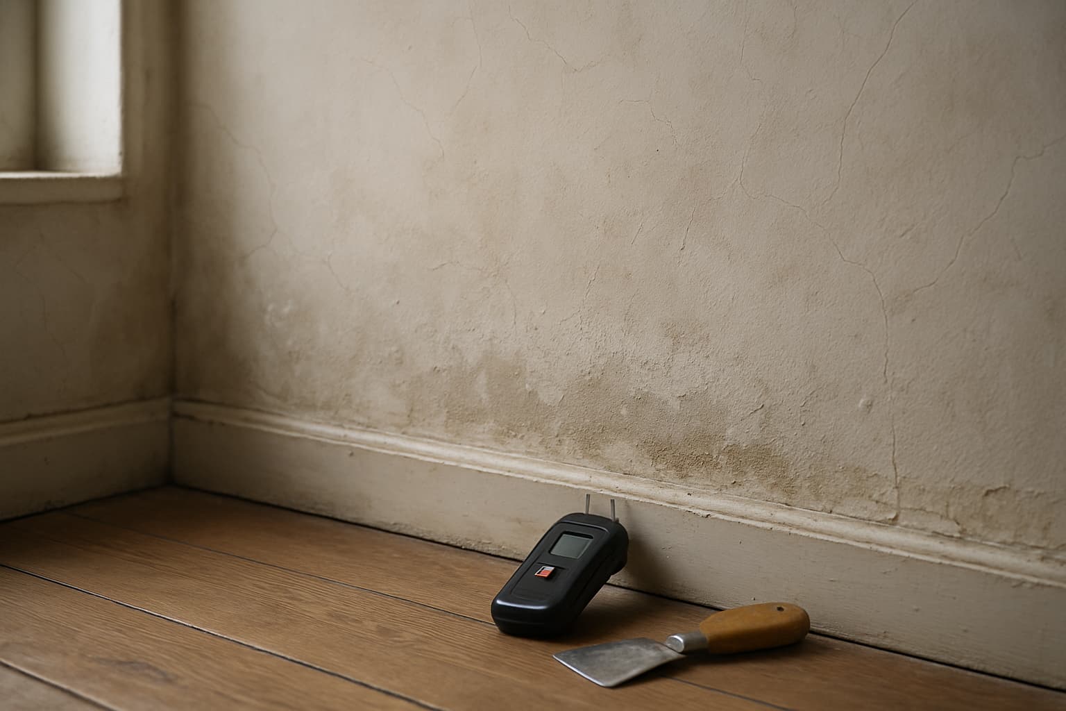 Kale gestucte muur in een oudere woning met vochtvlekken en zoutuitbloei bij de plint, met een vochtmeter en krabber op de vloer in daglicht.