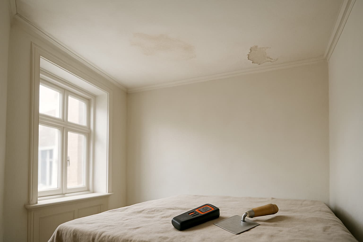 Wit gestuukt plafond met een lichte vochtvlek en losgekomen stucwerk in een lege ruimte, met een vochtmeter en stucspaan op de afgedekte vloer in daglicht.