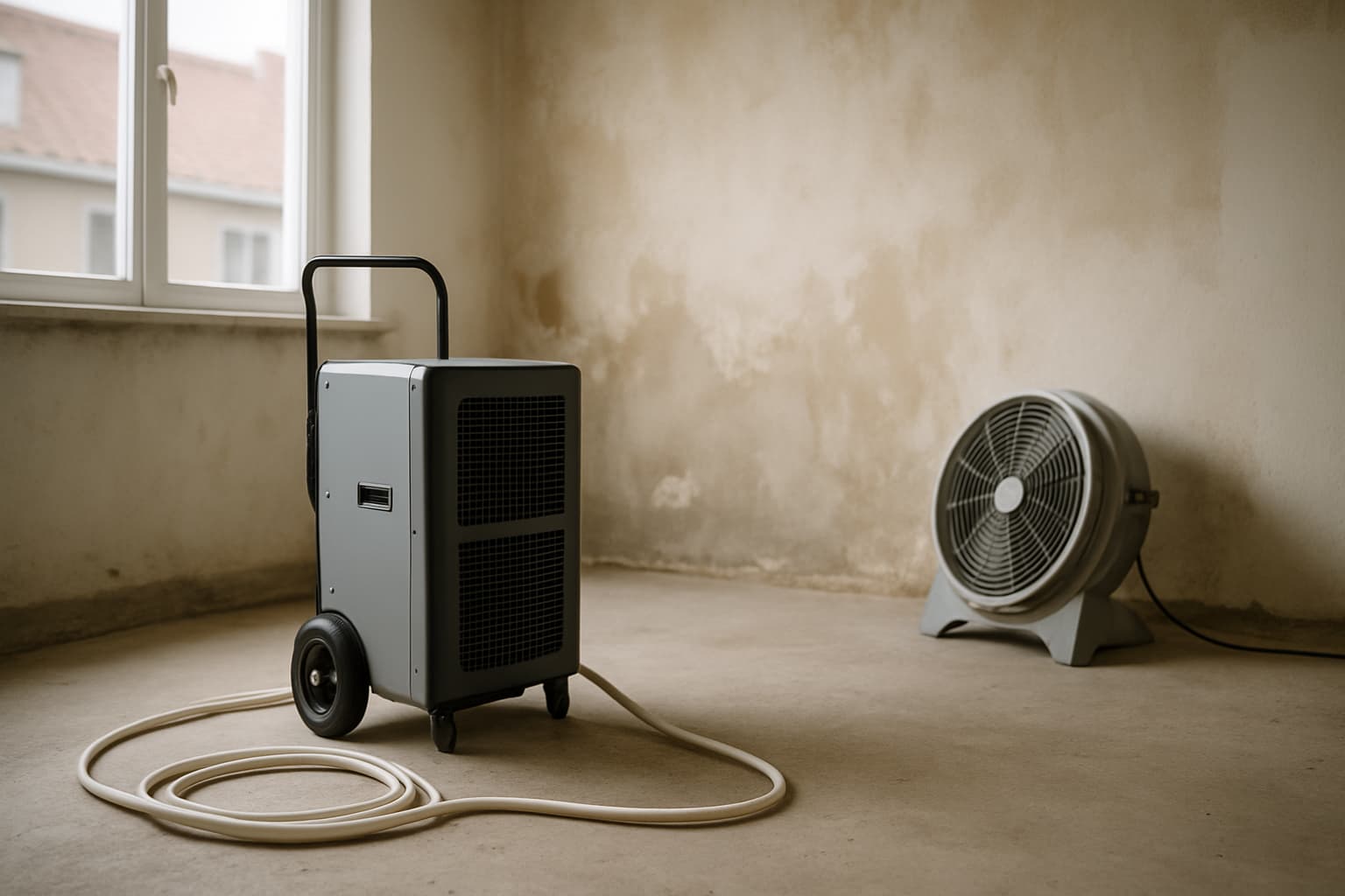 Leegstaande kamer met industriële luchtontvochtiger en ventilator gericht op een vochtige, gestripte stucwand, met daglicht door het raam