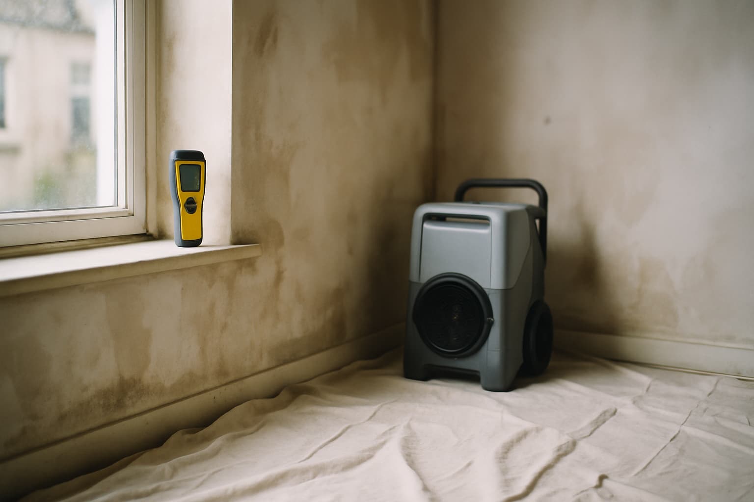 Leegstaande kamer met vochtvlekken op een gestuukte wand, een vochtmeter op de vensterbank en een bouwdroger met ventilator die de muur droogt bij daglicht.