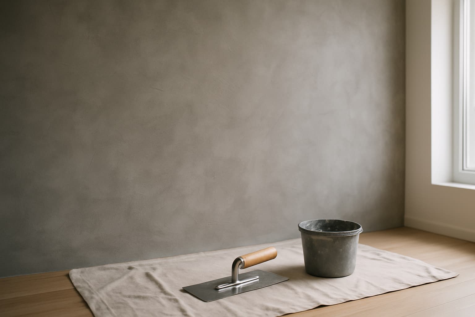 Gestucte wand met betonlook in grijstinten, met zichtbare spaanslagen en wolkeneffect, ernaast een stalen pleisterspaan en een emmer grijze mortel bij daglicht.