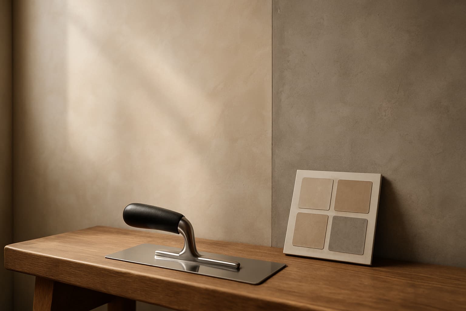 Detailopname van een decoratieve stucwand met kalkstuc en betonlook naast elkaar, met een stalen stucspaan en stucstalen op een houten werkbank in daglicht