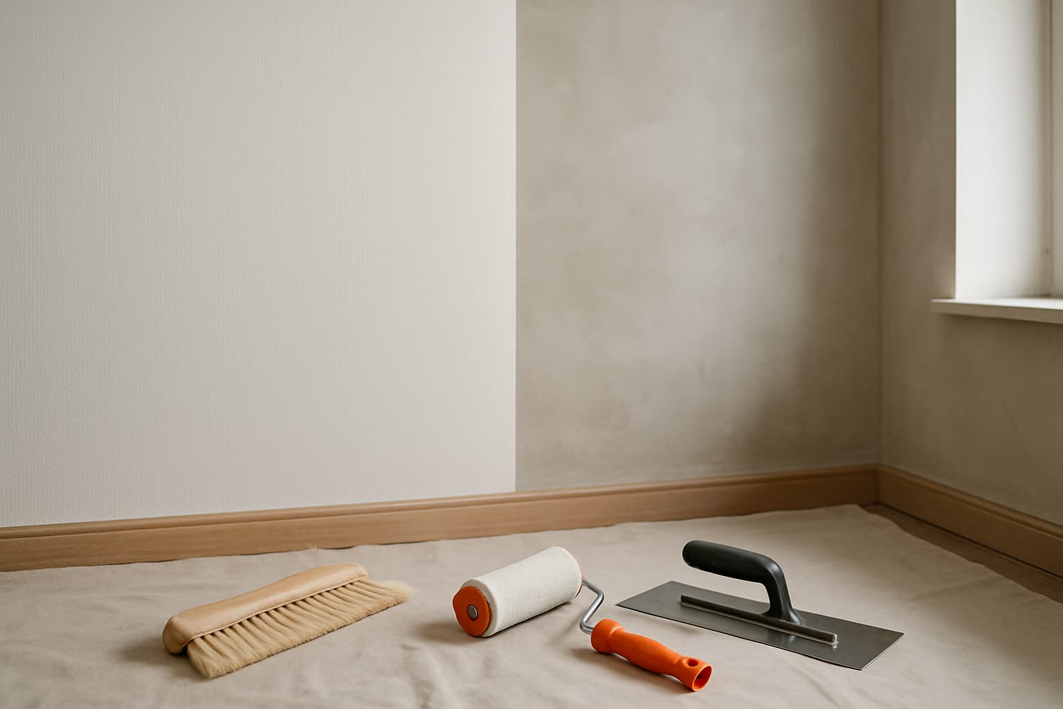 Lege renovatieruimte met daglicht waarin een wand met wit renovlies behang naast een glad gestucte wand te zien is, met behangroller en stucspaan op een stofdoek op de vloer