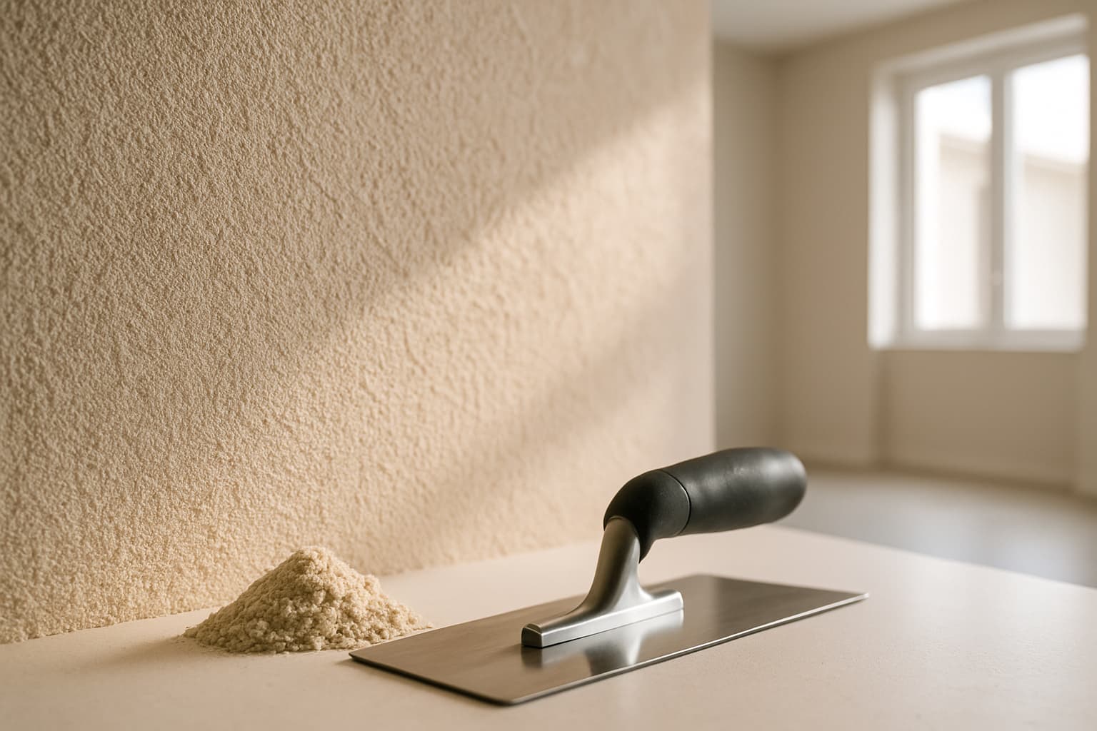 Close-up van een beige gespachtelde wand met korrelige structuur in strijklicht, met een stalen spaan en wat korrelpasta op de voorgrond.