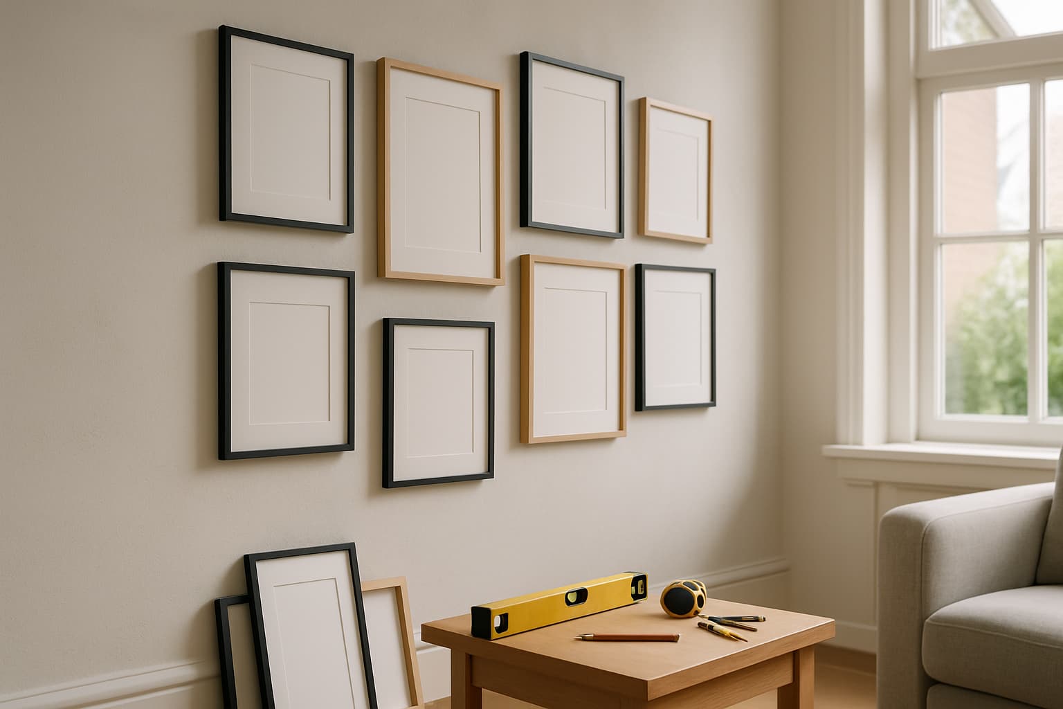 Gestucte lichte wand in een woonkamer met een verzameling lege fotolijsten in een raster opgehangen, en op een tafeltje een waterpas, rolmaat en potlood.