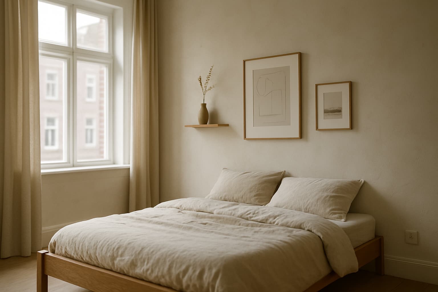 Rustige slaapkamer met gladde gestucte wand in warm gebroken wit, houten bed met linnen beddengoed en enkele eenvoudige lijsten aan de muur in zacht daglicht