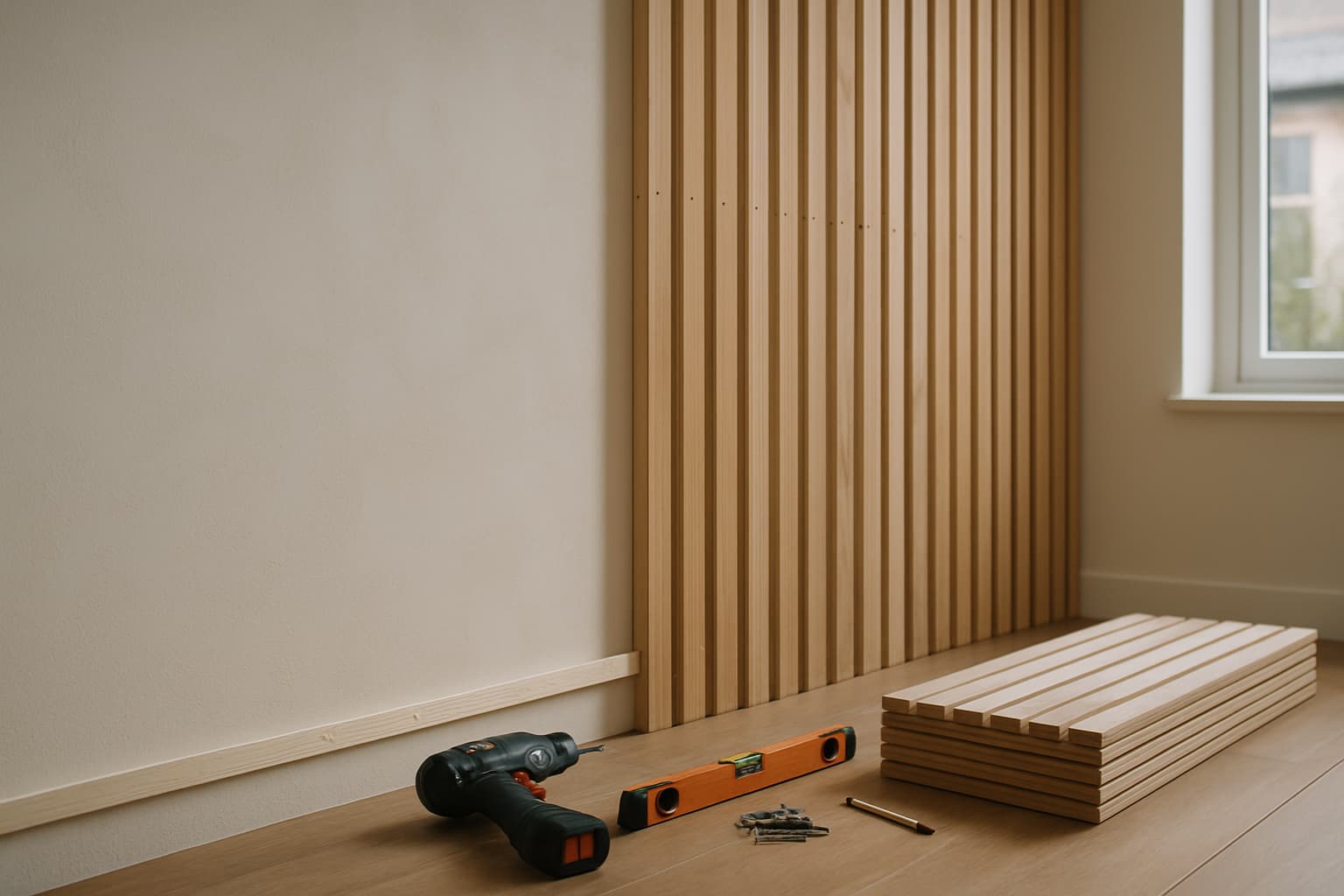 Gestucte wand waarop houten lattenpanelen worden gemonteerd, met boormachine, waterpas en schroeven op de vloer bij een stapel panelen