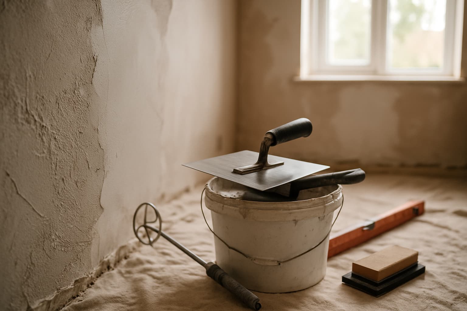 Kamer in verbouwing met deels gestucte wand, stucspaan, emmer met verse gipsmortel en gereedschap op een afdekzeil bij daglicht