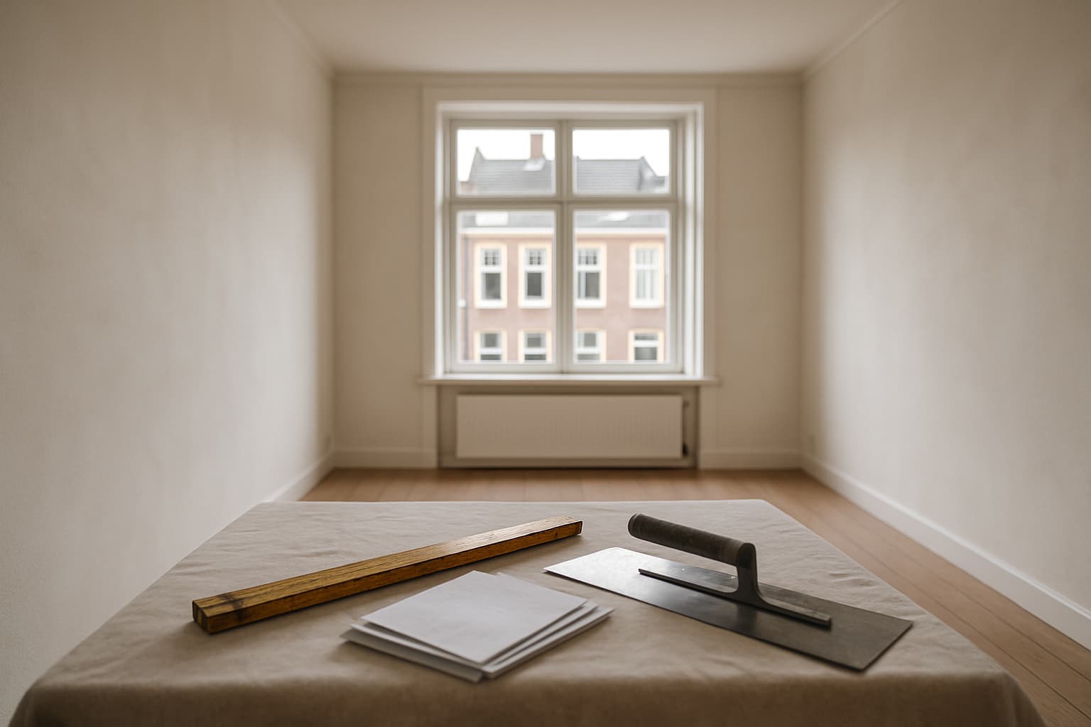 Lichte lege woonkamer met gladgestucte witte wanden, een stucspaan, duimstok en papieren op een afgedekte tafel bij daglicht
