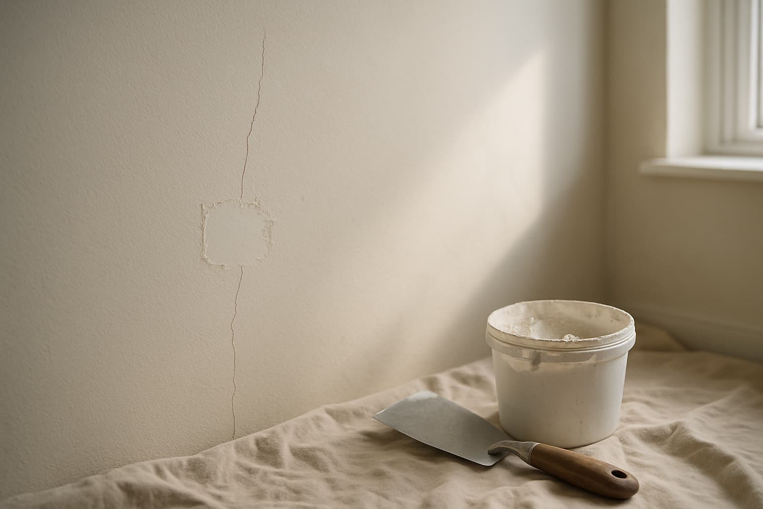 Detailopname van een gestucte wand met een haarscheur en een uitgevlakte reparatieplek, met plamuurmes en stucgereedschap in zacht daglicht
