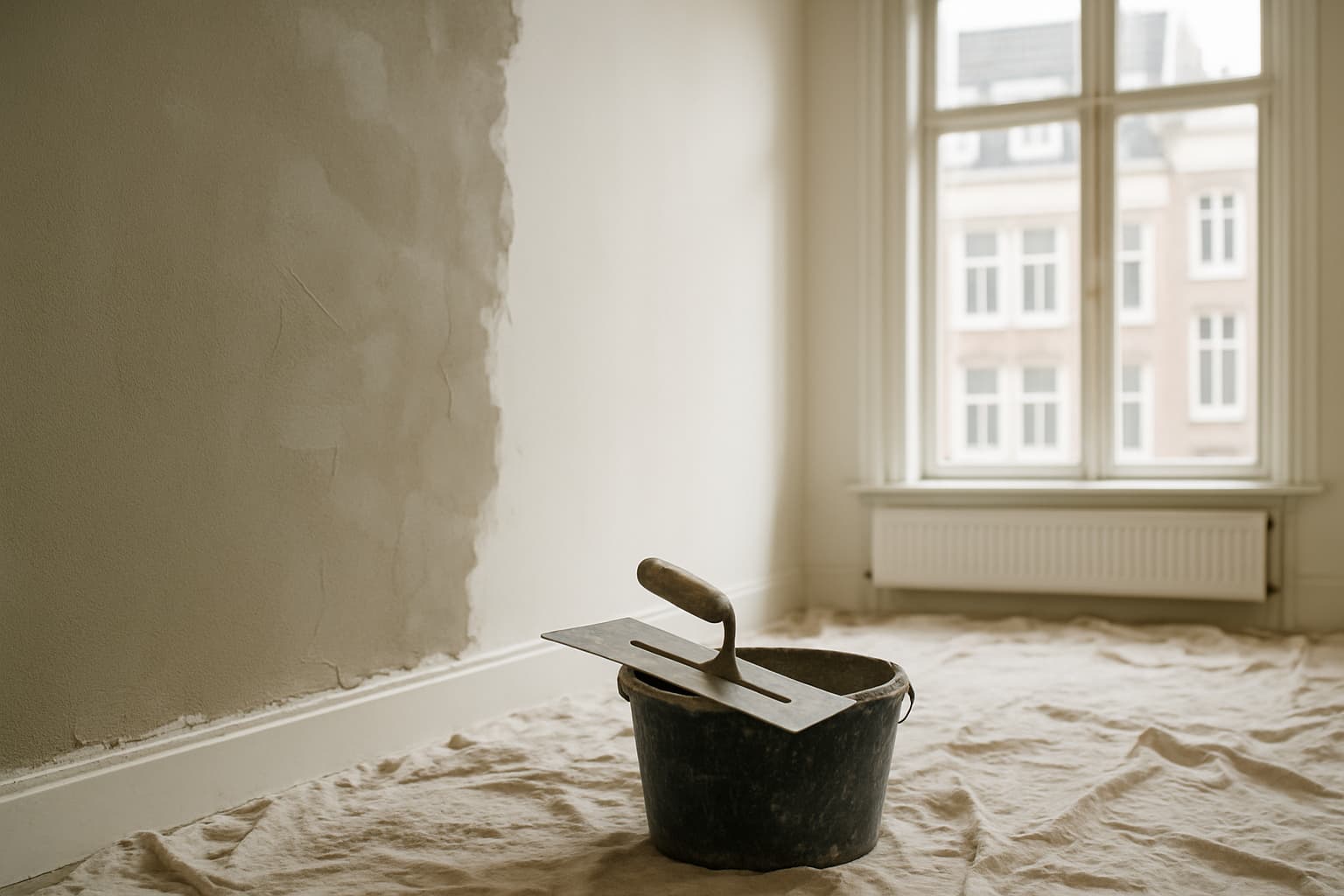 Lichte lege kamer waar een wand wordt gestuukt, met verse grijze pleisterlaag, troffel en emmer mortel op een afdekzeil