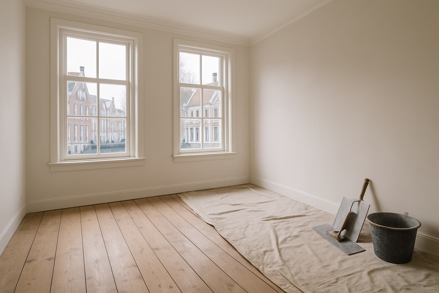 Lichte woonkamer in een oud grachtenpand met gladgestukte witte wanden, hoge ramen en stukadoorsgereedschap op de vloer