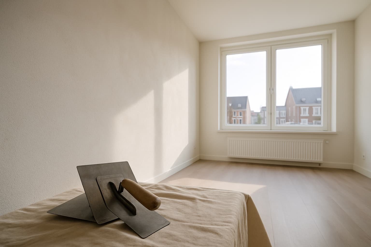 Lichte, modern ingerichte kamer in een nieuwbouwappartement met strak gestucte witte wanden en een stucspaan met mortelbord op een afdekzeil, verlicht door daglicht uit grote ramen.