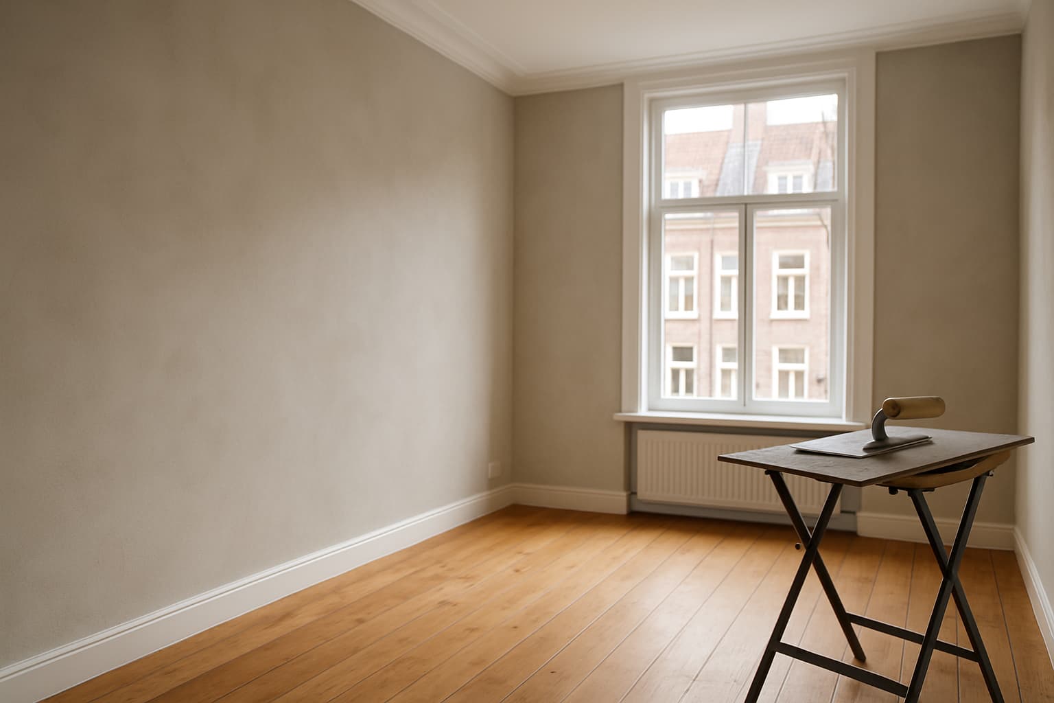 Lichte, lege woonkamer in een Amersfoortse woning met strak gestucte wanden, daglicht door een hoog raam en stucgereedschap op een werktafel.