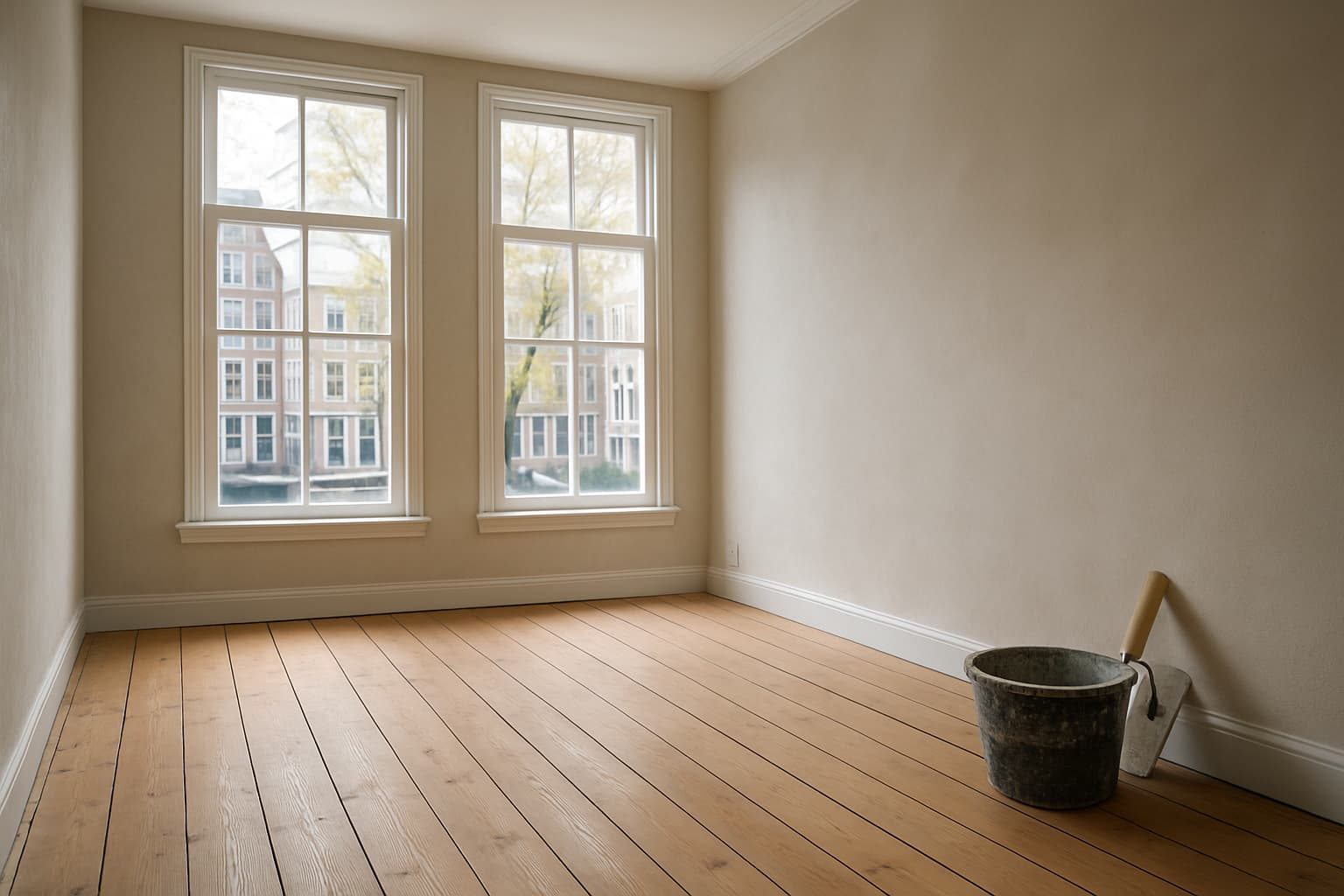 Licht Amsterdams grachtenpandinterieur met hoge ramen en glad gestuukte wanden, met een stucspaan en emmer bij de muur