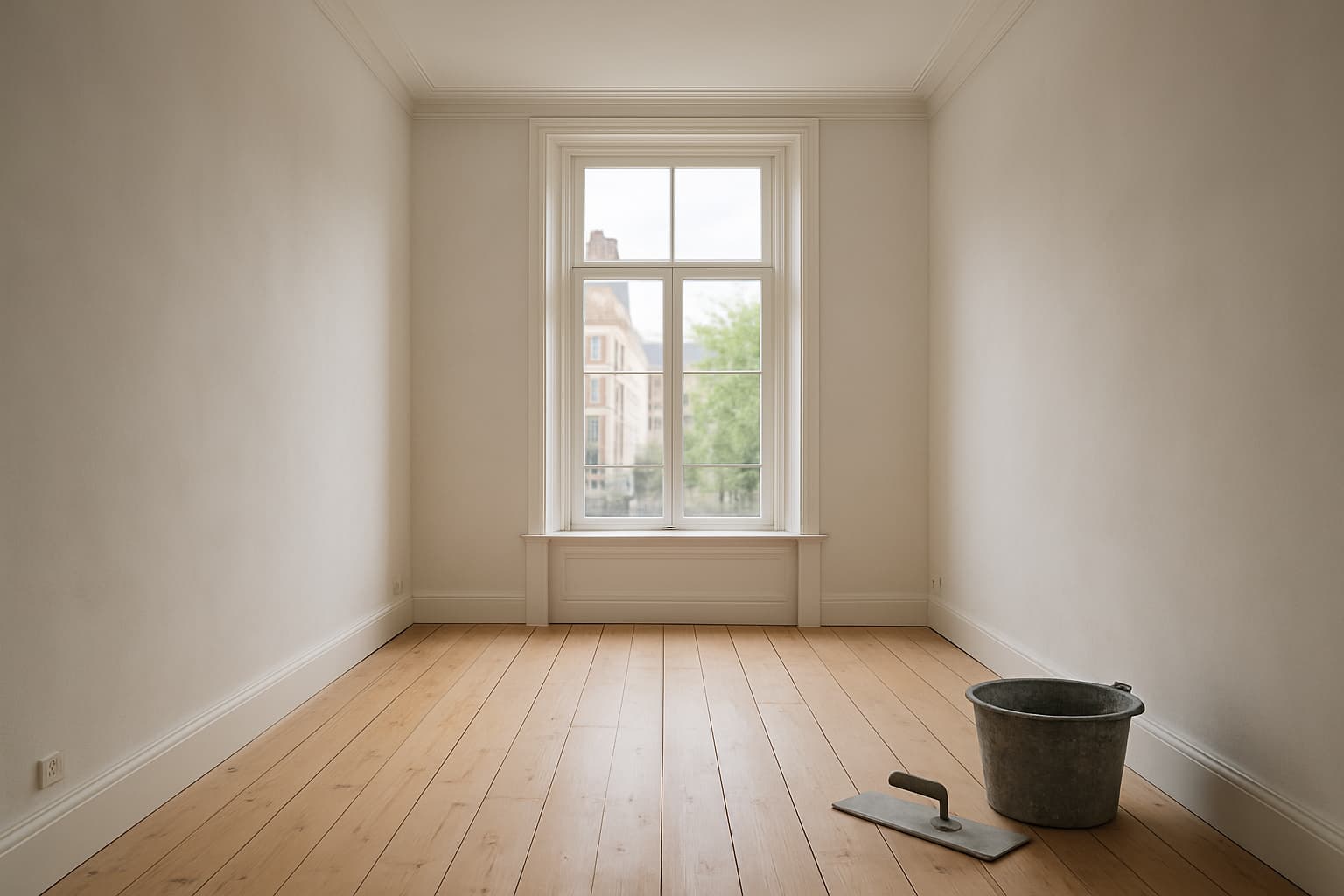 Lichte, lege woonkamer in een Arnhems herenhuis met glad gestuukte witte wanden, houten vloer en een stucspaan met emmer bij de muur
