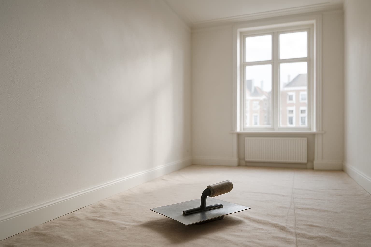 Lichte, lege kamer in een Bredase woning met strak gestucte witte wanden, daglicht door een hoog raam en stucgereedschap op de afgedekte vloer