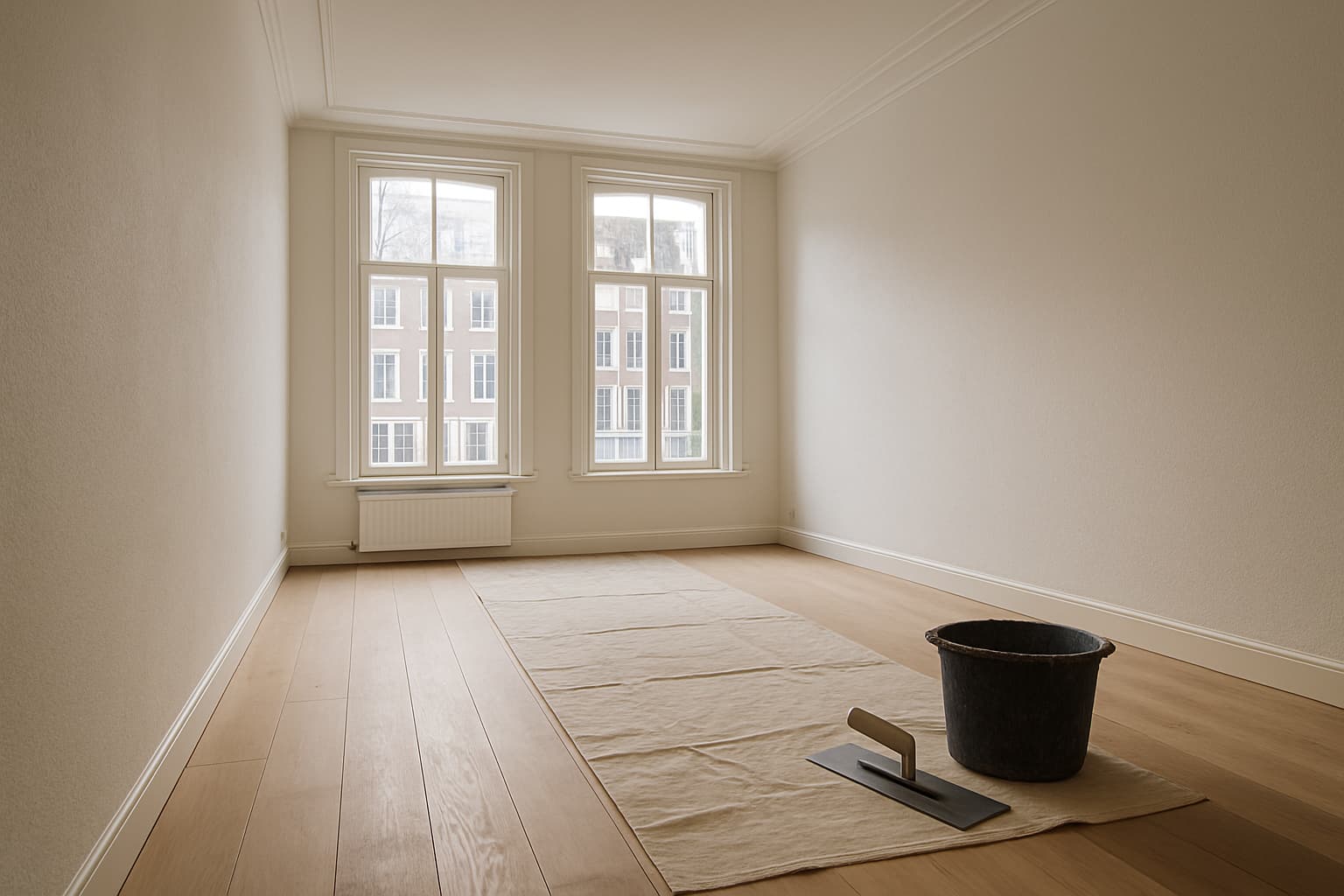 Lichte, lege woonkamer in een Delfts grachtenpand met strak gestucte witte wanden, hoge ramen met daglicht en stukadoorsgereedschap tegen de muur