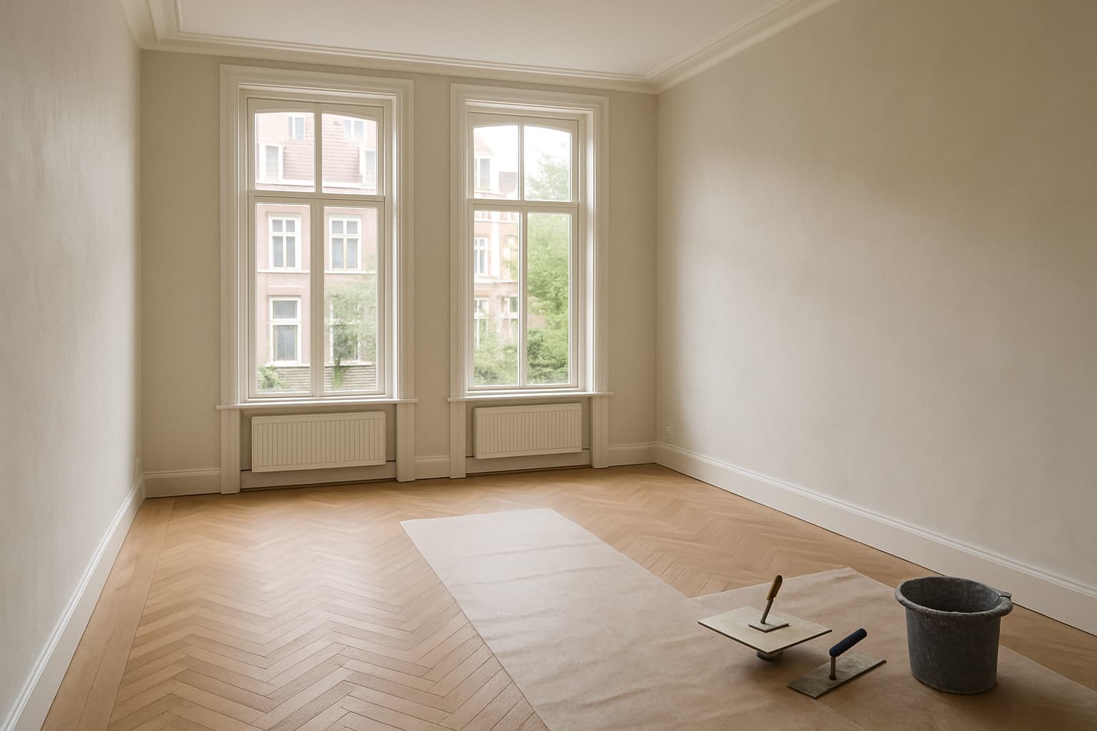 Lichte, leegstaande woonkamer in een Haags herenhuis met glad gestuukte wanden en stukadoorsgereedschap in de hoek