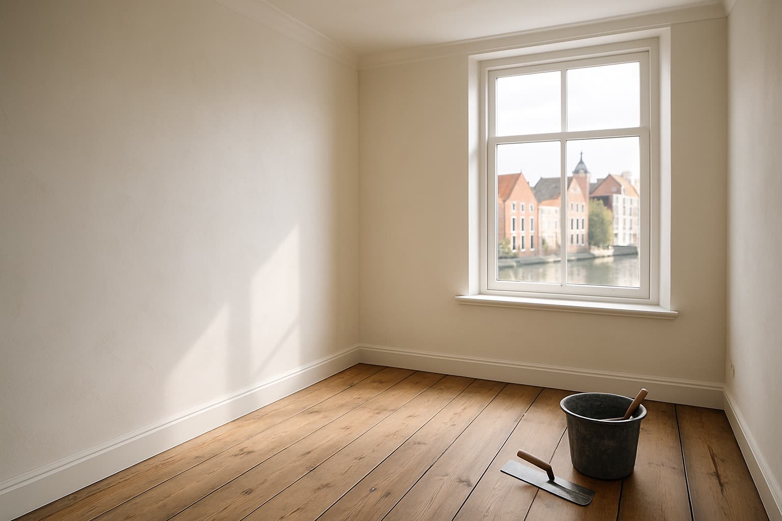 Lichte, lege kamer in een Deventer stadswoning met strak gestucte witte wanden, houten vloer en stukadoorsgereedschap bij het raam