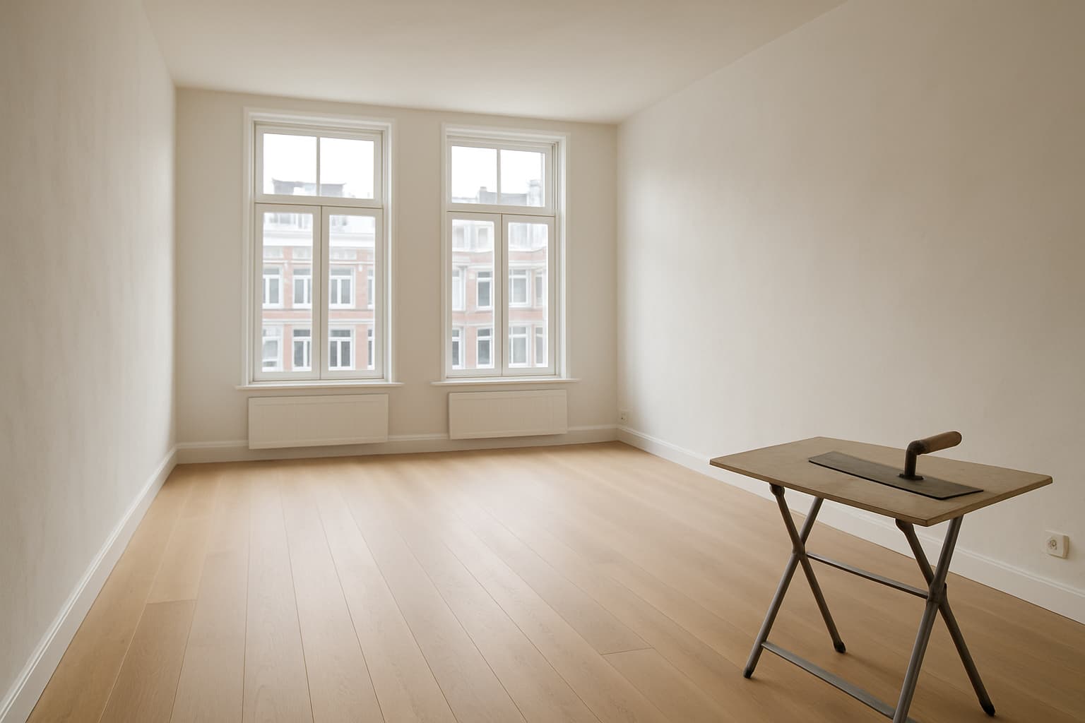 Lichte, lege woonkamer met glad gestuukte witte wanden en stucgereedschap op een werktafel bij het raam