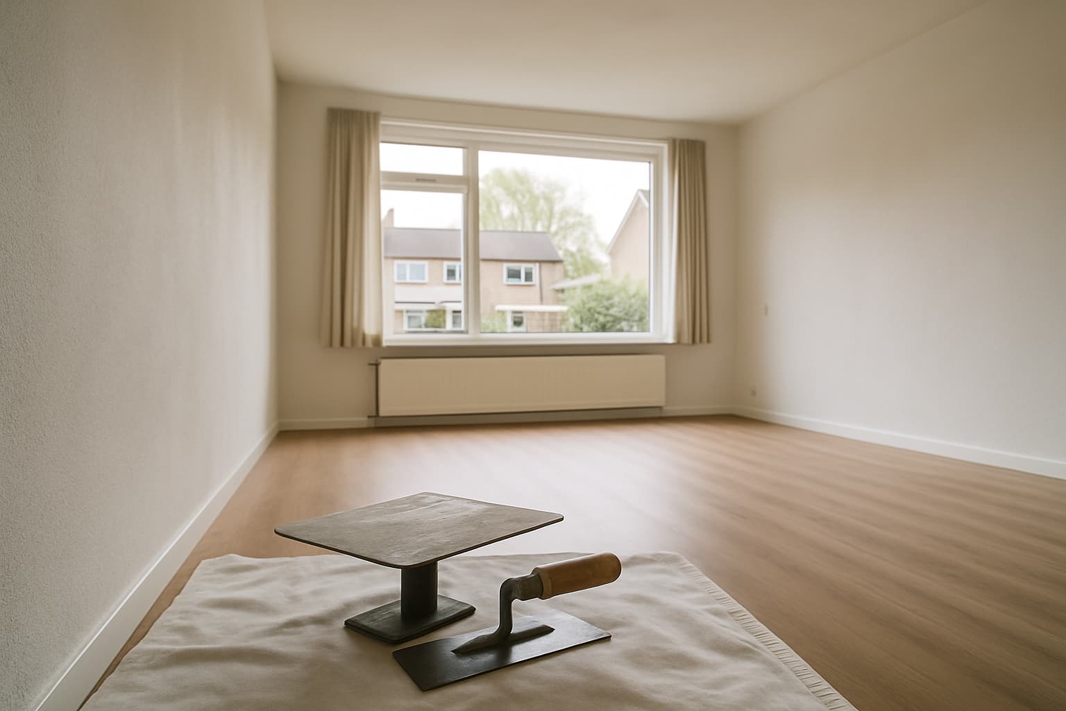 Lichte, lege woonkamer met strak gestucte witte wanden en daglicht uit een groot raam, met een stucspaan en spackmes op een afdekzeil op de vloer