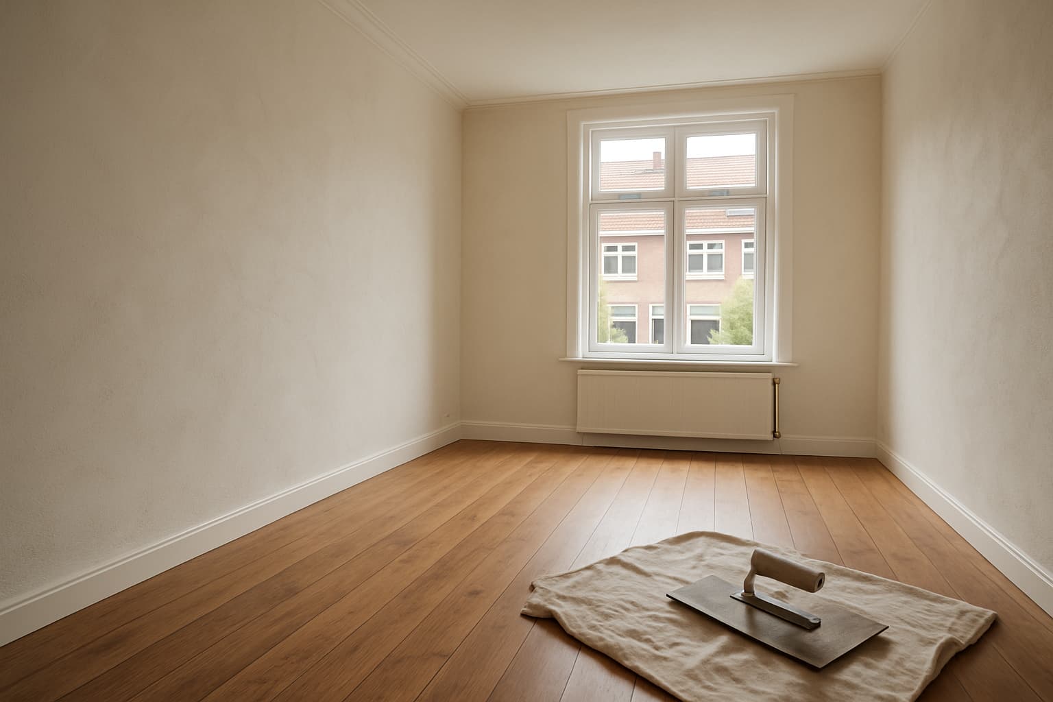 Lichte, lege woonkamer in een jaren-30 woning met strak gestukadoorde witte wanden, daglicht door een hoog raam en een stucspaan op een afdekzeil.