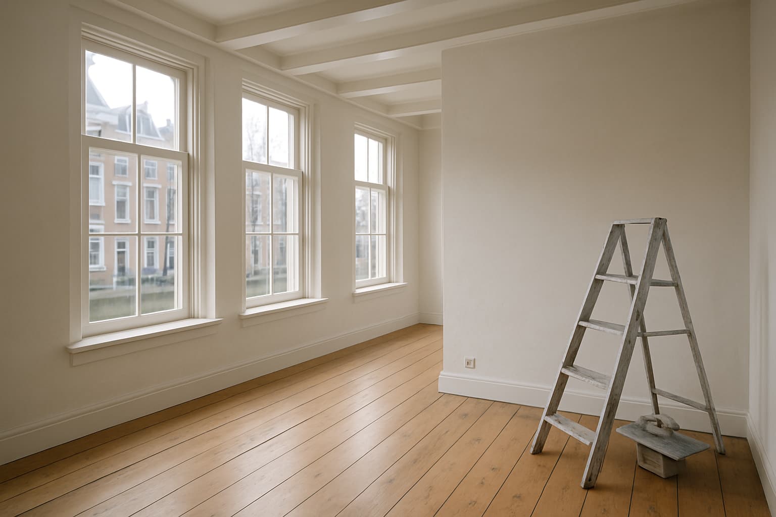 Lichte lege woonkamer in een Gouds grachtenpand met strak gestucte witte wanden, hoge ramen met daglicht en stucgereedschap tegen de muur