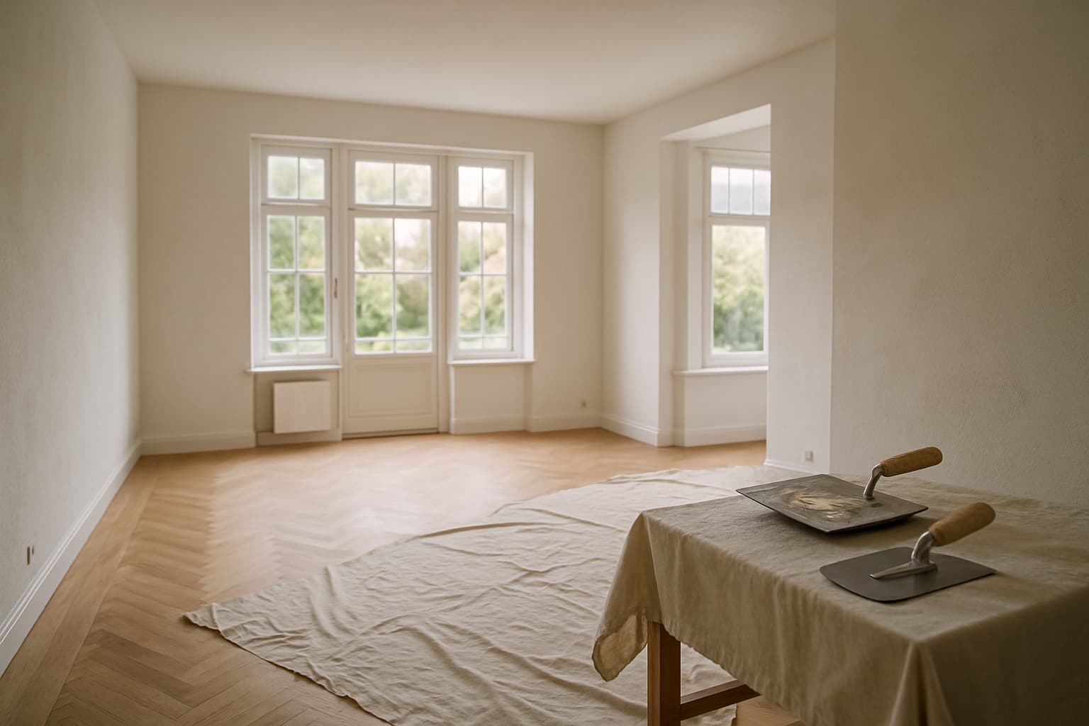 Ruime woonkamer in een jaren-30 villa met strak wit gestukadoorde wanden, daglicht door hoge ramen en stucgereedschap op een afgedekte werkbank