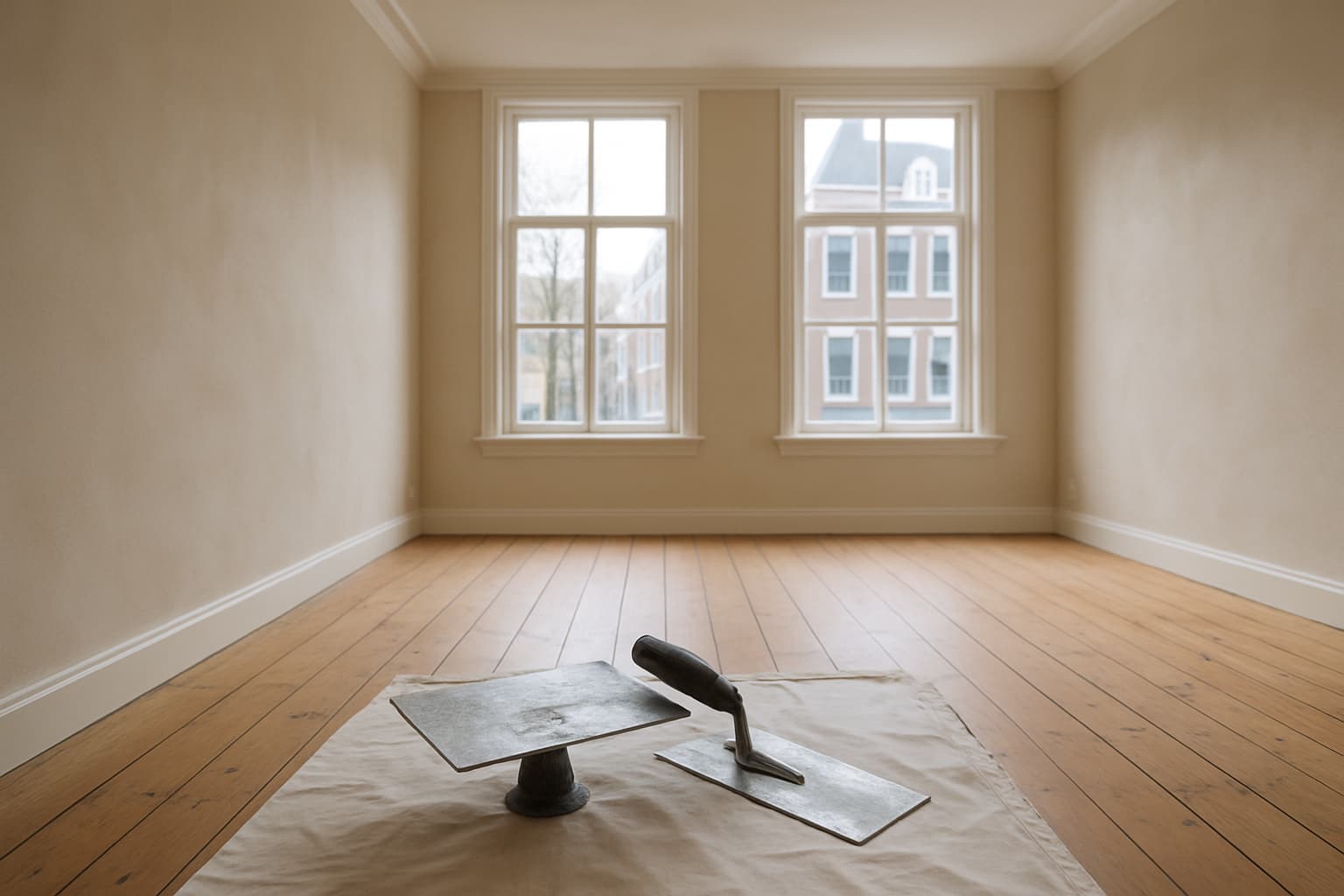 Lichte lege kamer in een oud Leids grachtenpand met gladgestukte wanden, hoge ramen en een stucspaan op een afdekzeil