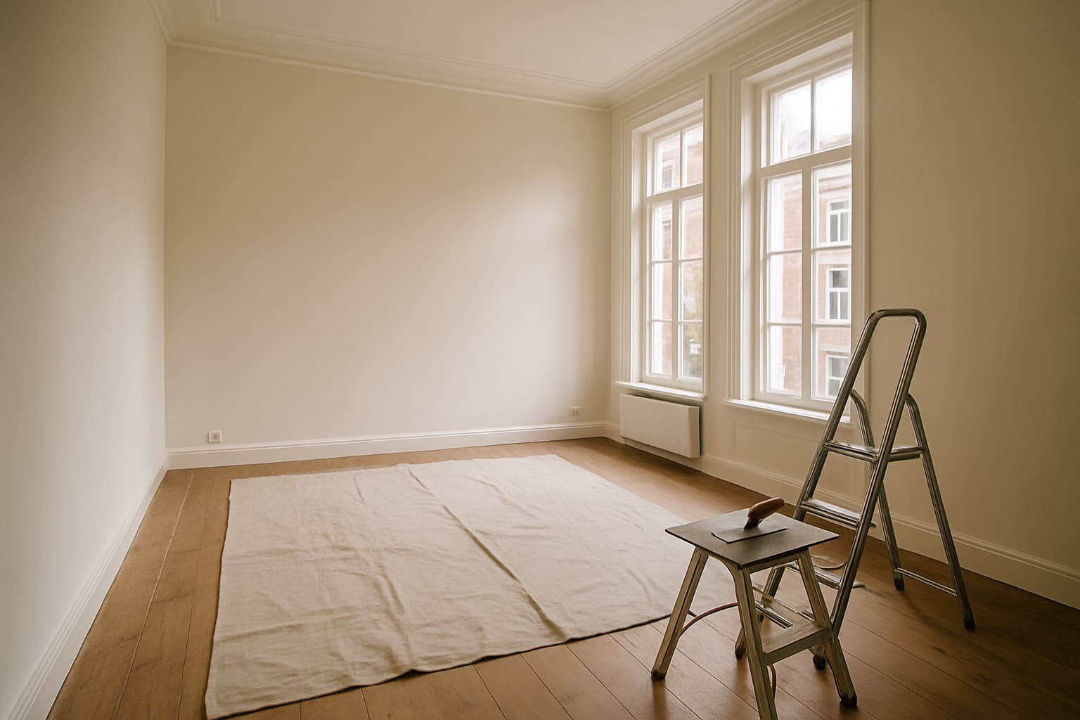 Lichte, lege woonkamer in een Maastrichts herenhuis met gladgestuukte witte wanden, hoge ramen en stukadoorsgereedschap op een trapje