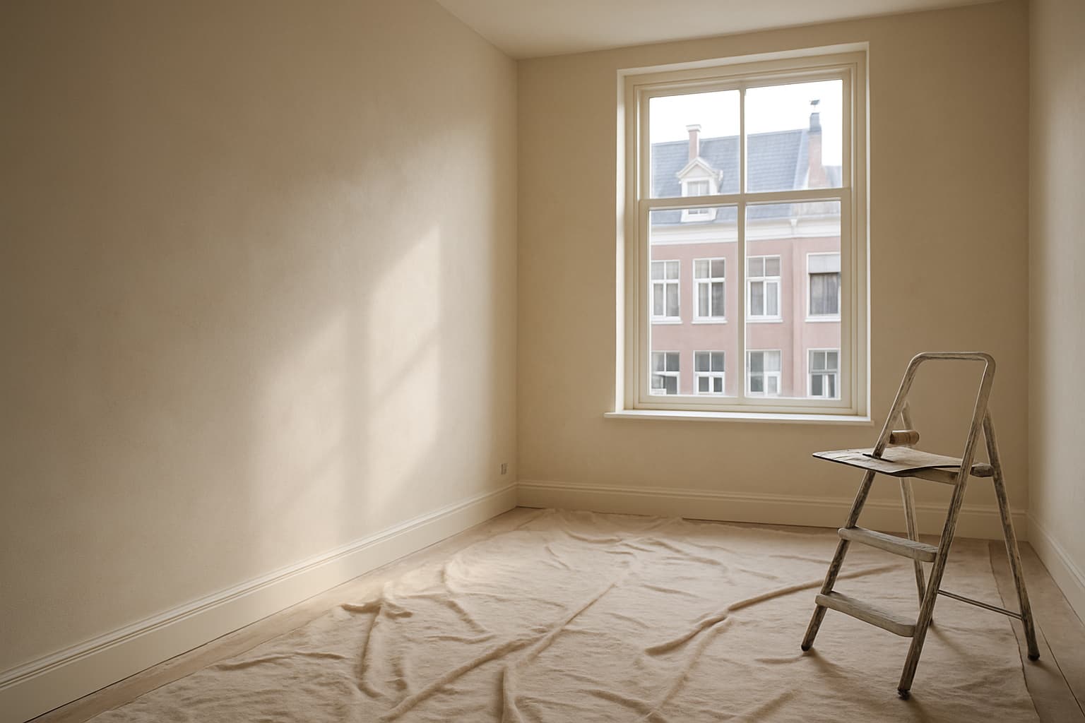 Lichte lege kamer in een Nijmeegse woning met gladgestuukte wanden, daglicht door een hoog raam en een stucspaan op een trapje